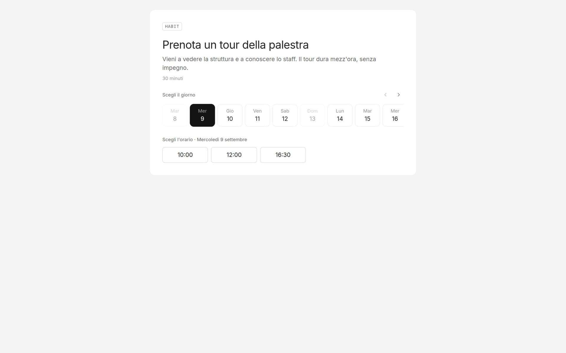 La pagina pubblica di prenotazione di un tour